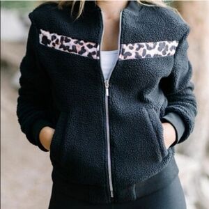 ZYIA Active Black Leopard Flying V Sherpa Jacket